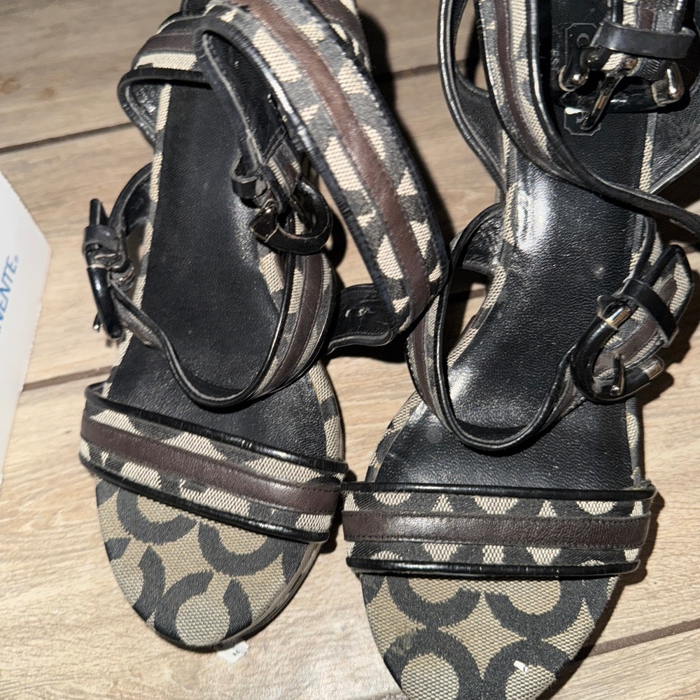 Coach Black and Gray Geometric Wedge Sandals
